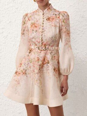 Zimmermann Floral Mini Dress Belted Puff Sleeve Romantic Cottagecore Size 2